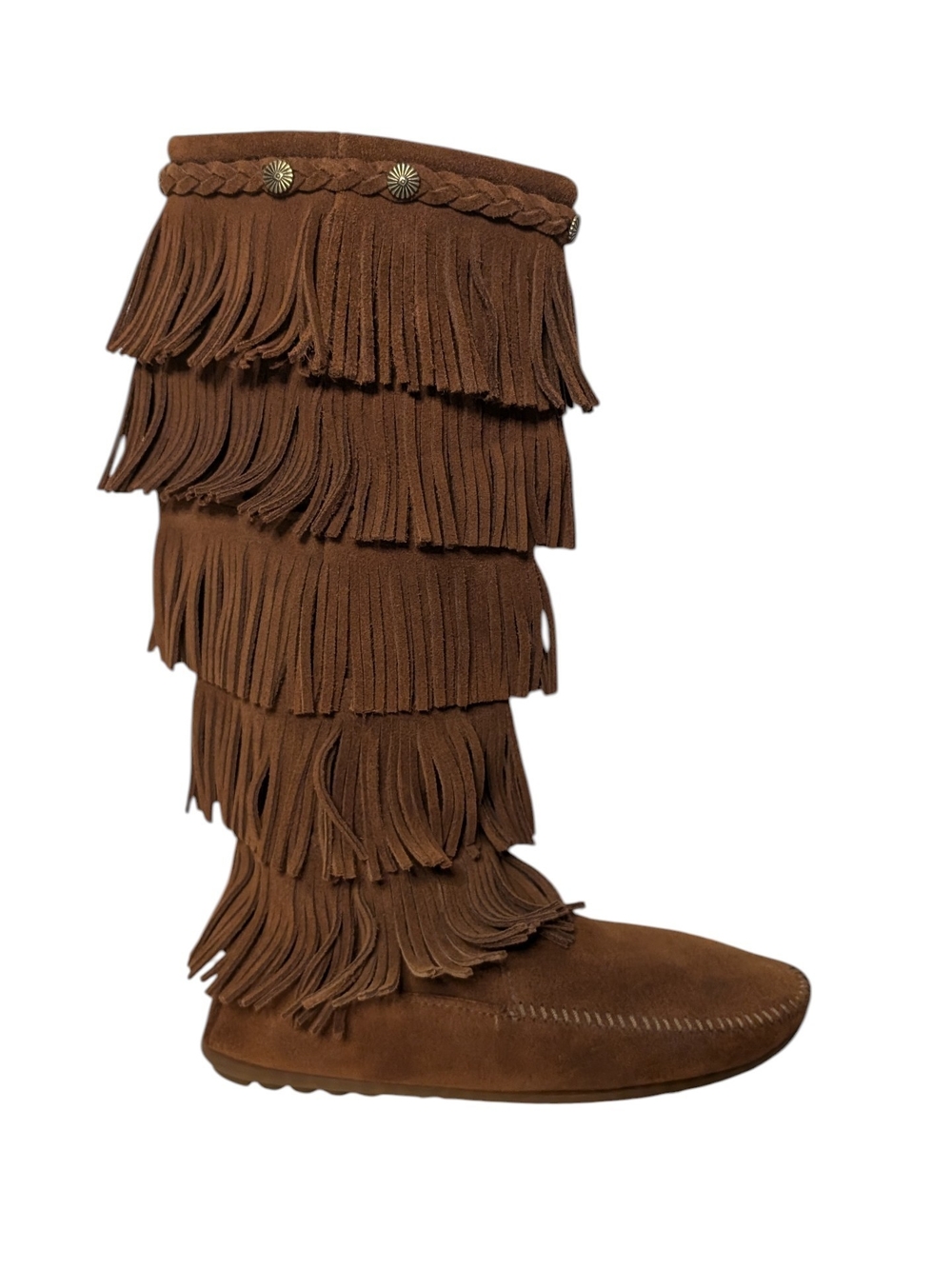 Minnetonka Brown Suede Knee-High 5 Layer Fringe Moccasin Boots - Picture 3 of 13